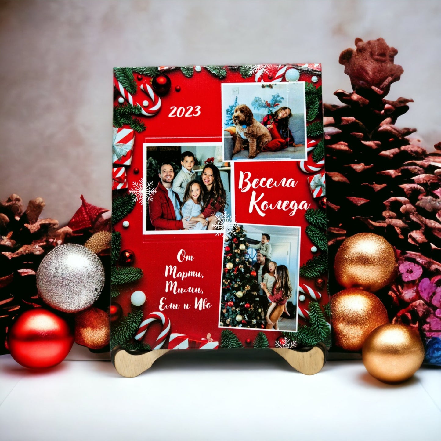 Дървена Коледна Картичка или Постер с Индивидуално Послание с Включена Стойка